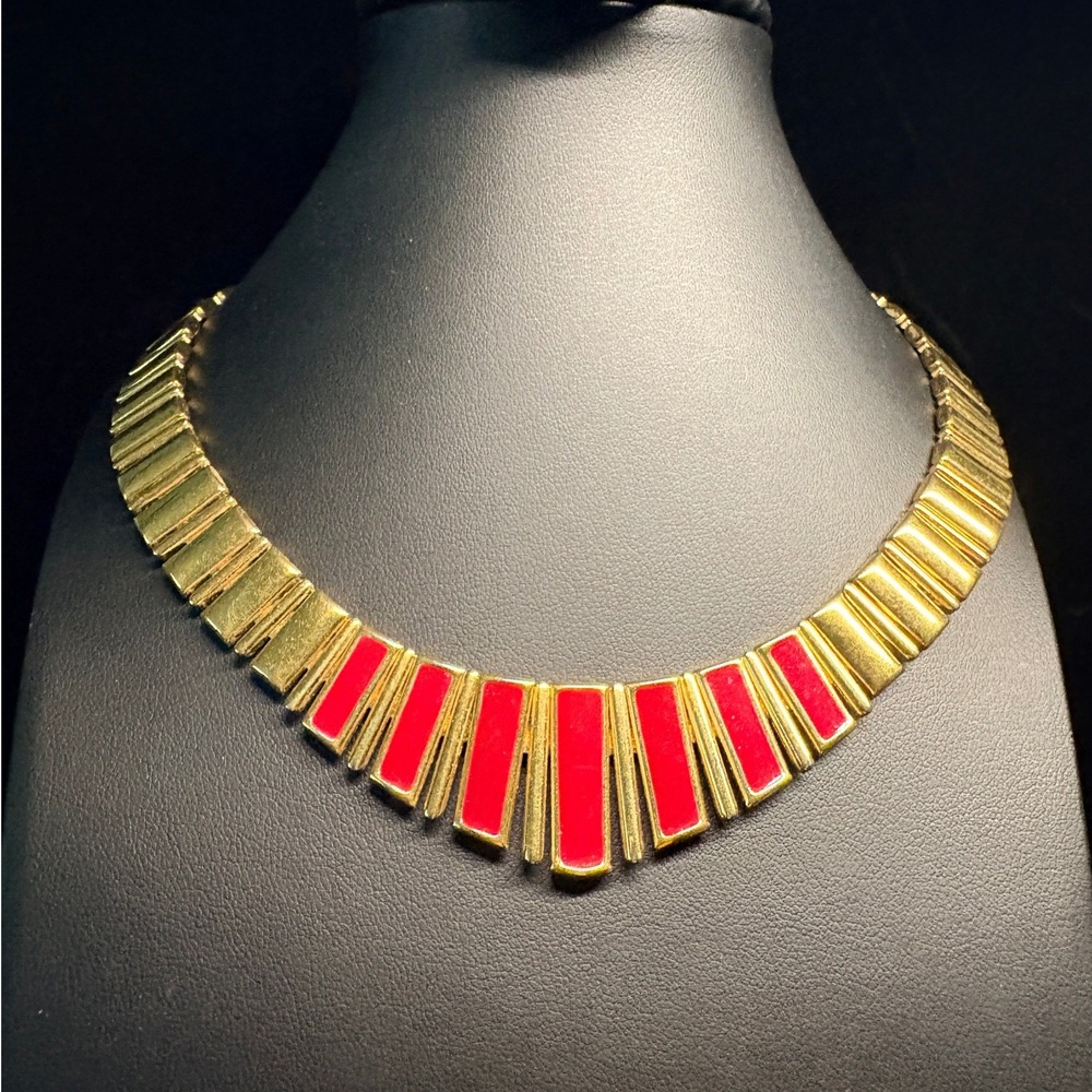 Monet Vintage Gold Tone Red Enamel Art Deco Style Collar Necklace 16 Inch